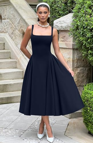 Memoriesea Women\'s Elegant Square Neck Swing A Line Wedding Evening Party Midi Dress Navyblue - Thumbnail 4