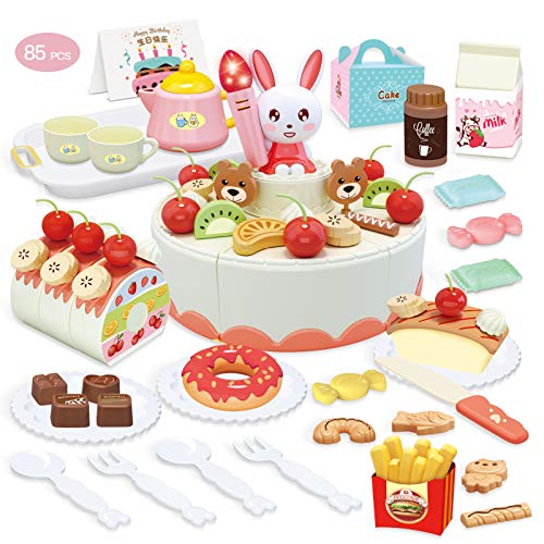 welltop 85 Piezas Tarta Cumpleaños Juguete, Alimentos Juguete, Corte Pastel de Cumpleaños con Velas de luz y Sonido para niños de 3 4 5 6 años de Edad, niño niña