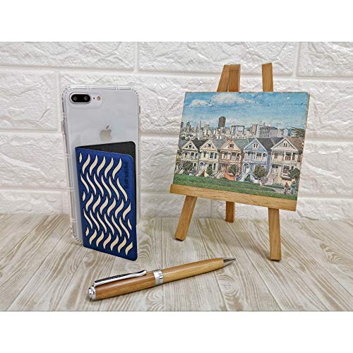 Image of Tainada Stick On Adhesive Wooden Laser Engraved Design Flip Phone ID Credit Card Holder Wallet with Phone Stand Function & Detachable Neck Lanyard + One Cord Wrapper (Wave Pattern Navy Blue)