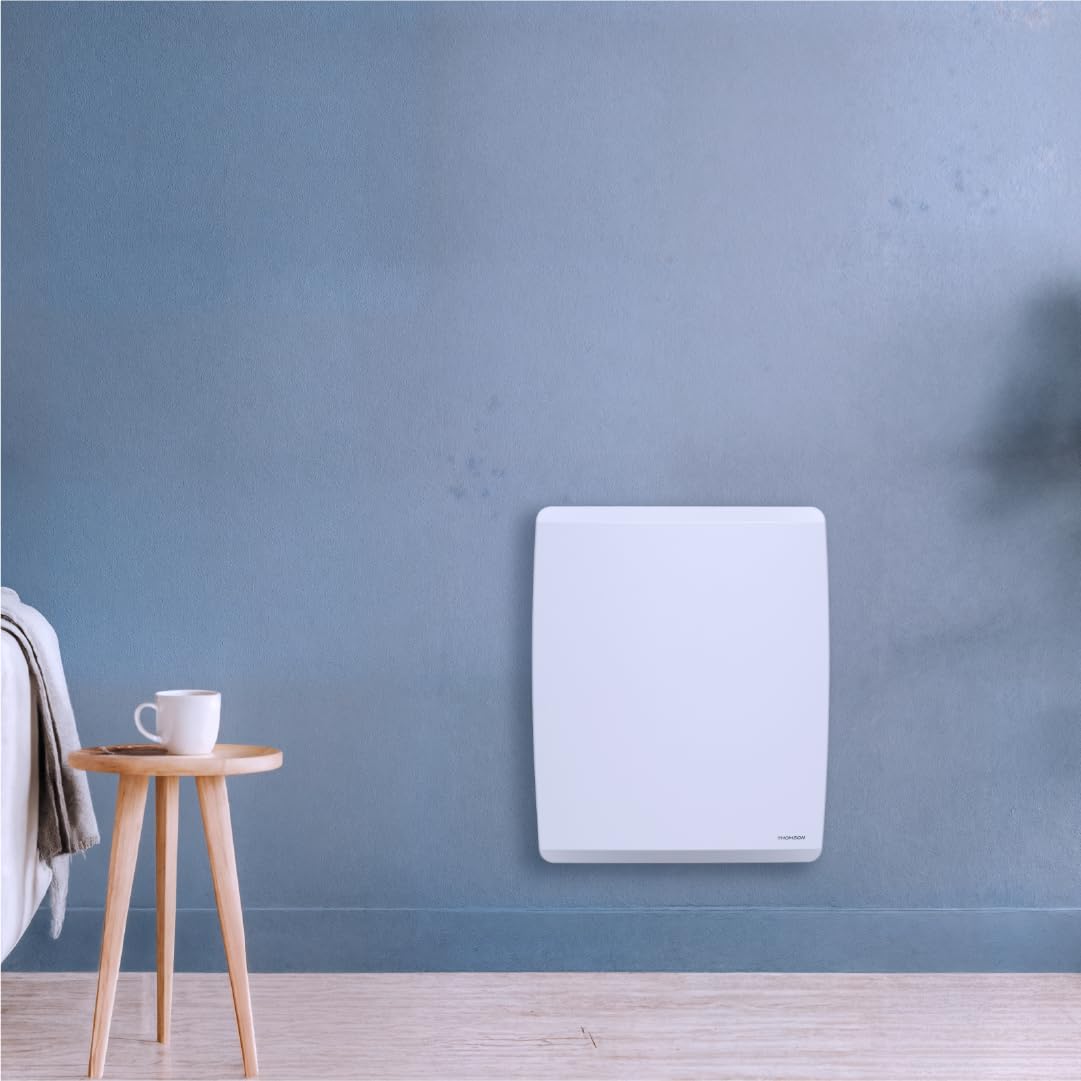 Radiador eléctrico fijo conectado WiFi de inercia seca cerámica + película con termostato intercambiable 1000W THOMSON MOLY horizontal blanco