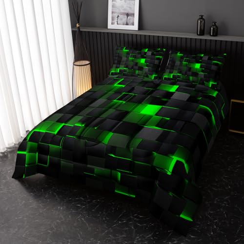 Image of Nttopship Neon Green Black Comforter Set Full Geometric Kids Bedding Set,3 PCS Geometry Honeycomb Bed Set Modern Quilt Set 1 Comforter 2 Pillow Cases Cool Room Decor All Season B-Side Black