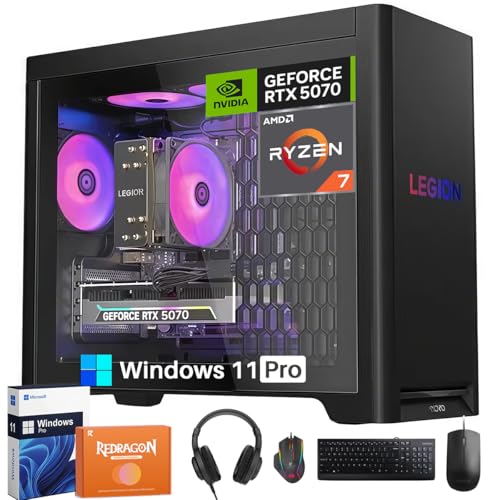 Lenovo Legion Tower 5 - Escritorio para juegos, AMD Ryzen 7 7800X3D NVIDIA GeForce RTX 5070 12GB GDDR7, 64GB DDR5 5600MT/s, 4TB SSD, 2TB HDD, Whisper-Quiet Legion Cooling, Windows 11 Pro, accesorios