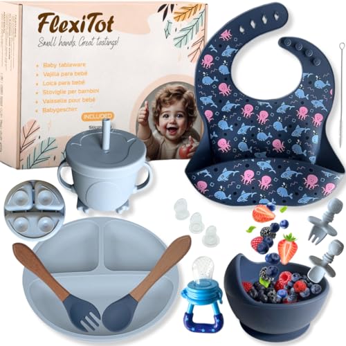 FlexiTot | Coffret Repas Bebe | Assiette Ventouse pour Bébé | Couverts Bébés | Bavoir et Bol | Tasse | Cadeau Grignoteuse Bébé | Vaisselle Bebe Sans BPA | Dans un Coffret Cadeau (Bleu)