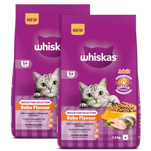 Image of Whiskas Adult (1+ Years) Dry Cat Food, Rohu Fish Flavour, 1.2 kg, Powered with 40 Essential Nutrients, Complete & Balanced Nutrition for Adult Cats (Pack of 2)