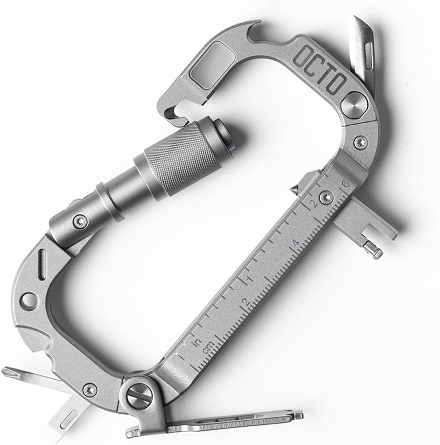 OCTO MAX 20-in-1 Titanium Carabiner Multi-Tool | Heavy-Duty EDC with Steel Knife, Glass Breaker, Bottle Opener, Wrenches, Screwdrivers & More