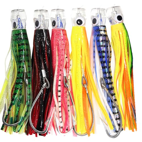 Kmucutie Set of 6 pcs 6.5 inch trolling Lure Marlin Tuna Dolphin Shark Big Game deep sea Fishing Lures Included Mesh Bag (6.5 INCH A)