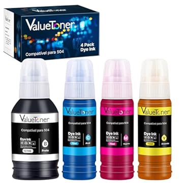 Valuetoner Kit 4 Refil Tintas para Epson 504 T504 Compatível para Epson Impresoras L4150 L4160 L4260 L6161 L6171 L6191 L6270 L14150