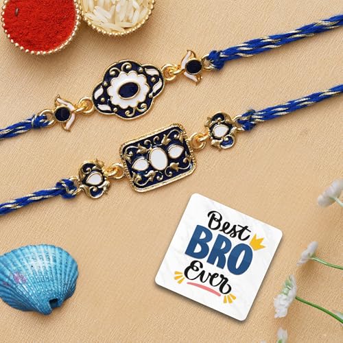 Image of eCraftIndia Set of 2 Blue & Golden Designer Rakhis, Best Bro Ever Fridge Magnet with Roli Chawal Pack - Rakhis for Brother, Bhabhi, Kids