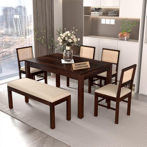 Image of 55 Inch Length Solid Wood Cane 6 Seater Dining Table Set | Six Seater Dining Table With 4 Cushions Chairs & 1 Bench For Dining Room | 6 Seater Dining Set for Hotel Restaurant | Sheesham, G-Walnut