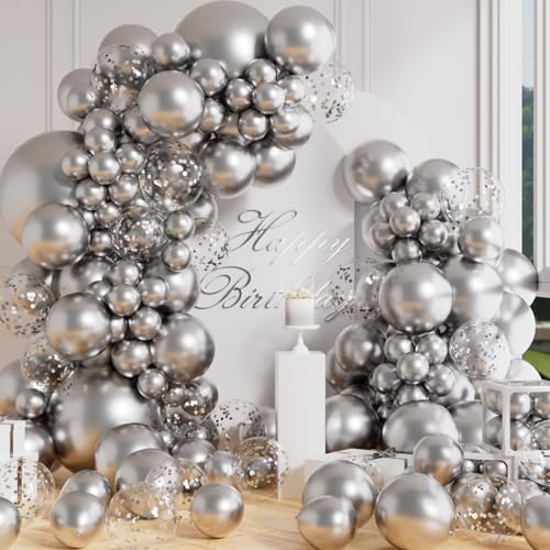 AULE Arche Ballon Anniversaire Argenté: Lot de 100 Ballons ArgentéMétallique à Hélium Latex Chromé Kit Guirlande Anniversaire Fille Garçon Décoration...