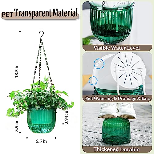 Melphoe 2 Pack Self Watering Hanging Planters Indoor Hanging Flower Pots, 6.5 Inch Outdoor Hanging Plant Pot Basket, Plant Hanger With 3Hooks Drainage Holes For Garden Home (Emerald + Transparent) #TOP5