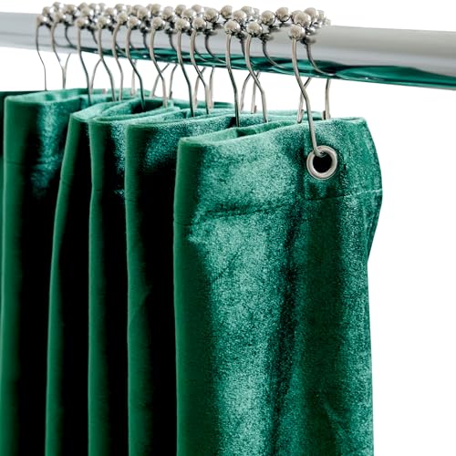 Velvet Shower Curtain with Built-in Storage Pockets - Heavy Duty Washable Shower Liner with Pockets - Water Resistant Luxury Shower Curtains for Bathroom, Includes Rustproof Hooks - 72x72, Green
