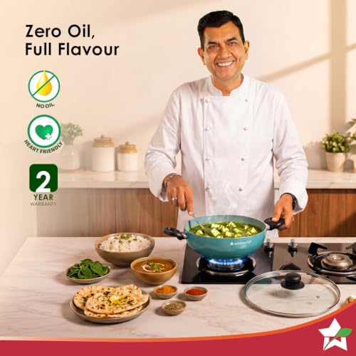 Image of Wonderchef Vitalife Non-Stick Kadhai & Glass Lid for Kitchen, 20cm, 1.4 L, Non-Toxic Coating, PFOA-Free, Cool-Touch Handles, Scratch-Resistant, Gas & Induction Compatible, 2-Yr Warranty, Teal Green