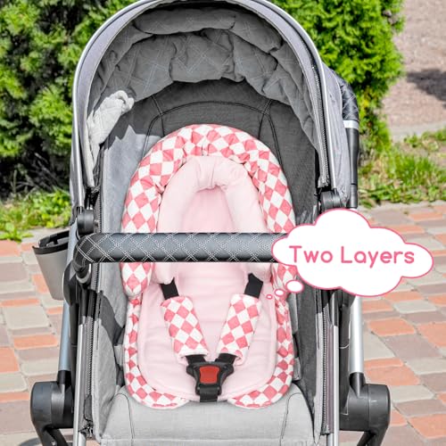 Image of GFU Baby Car Seat Head Support for Newborn, 2 in 1 Infant Car Seat Head Body Support with Strap Pads, Soft Stroller Cushion Pillow Insert for Girls, Fits for Stroller, Swing, Pink Diamond