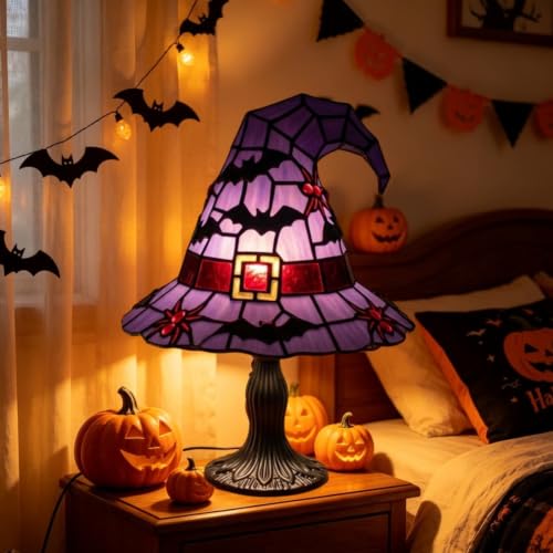 Bidobibo Stained Glass Witch Hat Lamp Gothic Decor Vintage Witchy Halloween Night Lights Goth Table Lamps for Night Stands Bedroom Living Room Office Halloween Decorations