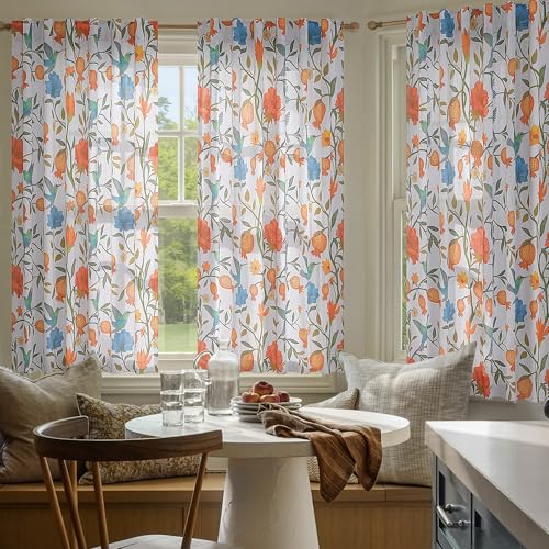 Image of JOOJA 54 Inch Boho Floral Curtains Tropical Bird Print Linen Semi Sheer Window Drapes for Kitchen, Bedroom, Bathroom, Living Room, Dining Room, White