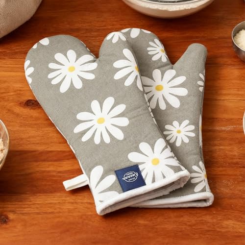 Image of Encasa XO Extra Long 18x35 cm Microwave Oven Gloves Mitts (2 pcs) for Kitchen Cooking - Daisy Grey - Heat Resistant, Thick & Safe, Protection of Hands from Hot Utensils, Gas Flame, Grill, Barbecue