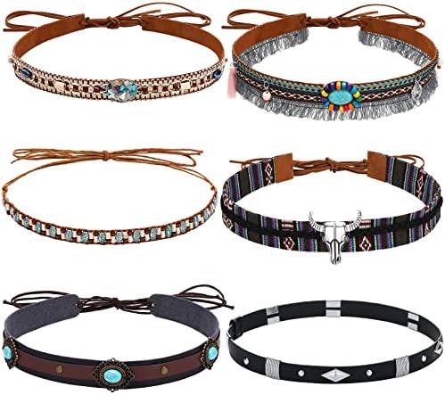 6 Pcs Cowboy Hat Band Replacement Handmade Ethnic Western Hat Belts Adjustable Hat Bands for Cowboy Hats Head Hat Band Collection for Straw Felt Fedora Panama Hats