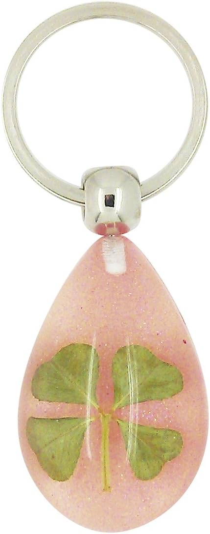 Celtic Lucky Real 4 Four Leaf Clover Good Luck Sparkling Pink Keyring with Gift Box & Guarantee
