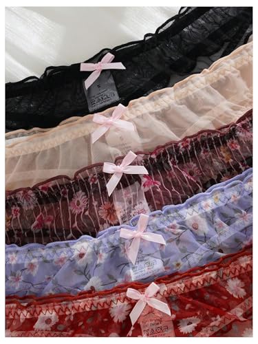 Image of SHENHE Women's 5 Packs Floral Lettuce Trim Bow Low Rise Cute Thong Panties Underwear