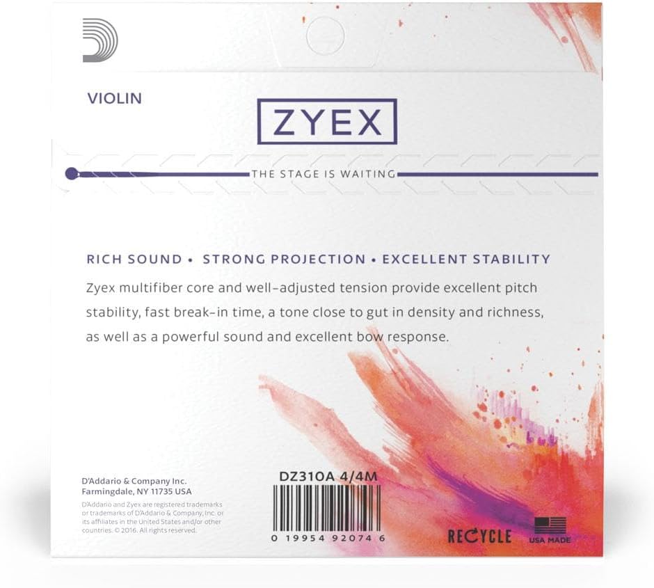 D'Addario Zyex Violin String Set with Aluminum D, 4/4 Scale, Medium Tension