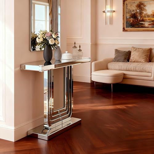 vutizal Table d'Appoint Miroir 120cm, Console d'Entrée à Surface Réfléchissante avec Base Métal U Stable – pour Salon, Chambre et Petits Espaces (Design Moderne et Anti-Rayures) – vue 8