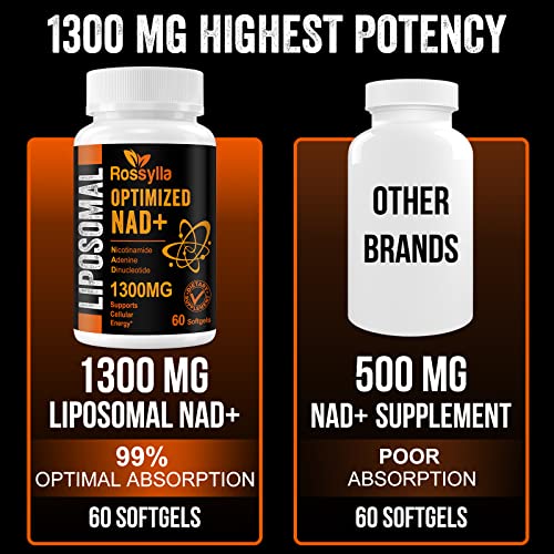 Rossylla 1300 Mg Liposomal Nad+ Supplement | Highest Absorption | Purest Nad Supplemet To Boost Nad+ Effetively | Boosting Nad+ Supplement For Aging Defese, Cellular Energy, Longevity | 120 Count #TOP4