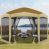 COOSHADE Pop up Canopy, 12X12 Pop up Tent with Mesh Walls, 6 Sides Gazebo, Patented 1 Step Lock Tech, Screened House for Outdoor/Camping/Lawn/Trip/Gathering, Brown W/Beige