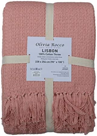 Olivia Rocco Lisbon Throw 100% Cotton Plain Honeycomb Sofa Bed Chair Cover Throws Tasselled Decorative Blanket, 127 x 152 cm (50" x 60") Blush