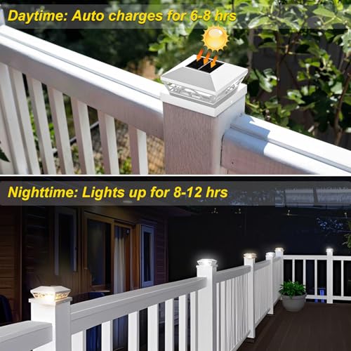 T-SUN Solar Post Cap Lights 6 Pack – Outdoor Waterproof Fence Lights for 3.5x3.5 4x4 5x5 5.5x5.5 Wood/Vinyl Posts, 2 Modes Warm White/White, Solar Deck Light for Patio, Garden, Porch (White) - Image 3