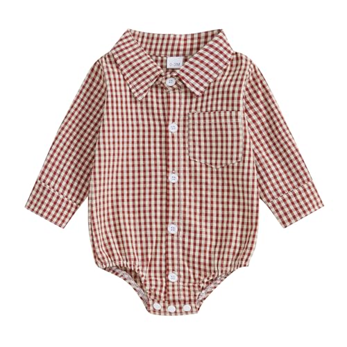 Baby Plaid Romper Boys Girls Button Down Bodysuit Long Sleeve Lapel Neck Tops Fall Winter Festival Clothes (Red, 3-6 Months)