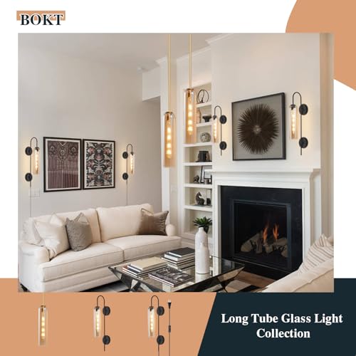 Image of BOKT Modern 1-Light Wall Sconce Lighting Plug in Farmhouse Matte Black Glass Wall Mounted Light Plug in Cord Industrial Indoor Long Wall Sconce Vintage Bedroom Wall Lamp (Amber)