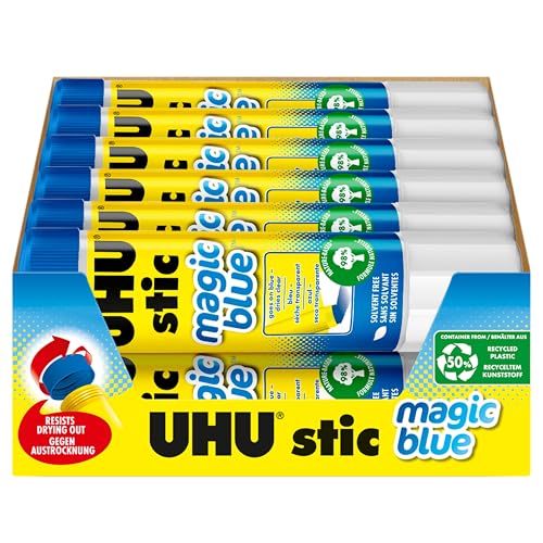 UHU Colored Glue Stick 0.74oz Blue rubs on Blue & Dries Clear Washable Solvent Free Screw on Cap Pack of 12 9U 99602