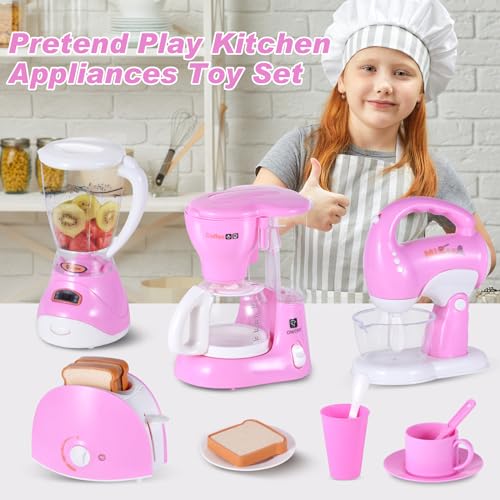 Kitchen Appliances Toys, Kids Kitchen Accessories Play Pretend Kitchen Toys for Kids Ages 4-8, Coffee Maker, Mixer, Blender, Toaster Realistic Light and Sounds for Girls Ages 3+ - Thumbnail 2