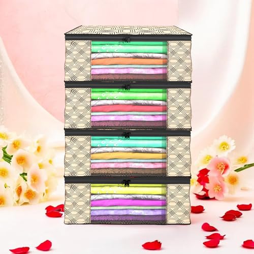 Image of Heart Home (Pack of 4) Saree Covers | Non-Woven Saree Bags (9 Inch) Clothes Bag for Women | Foldable Storage Bag for Almirah & Wardrobe (Check Print) Sari Cover Bags | Coffee