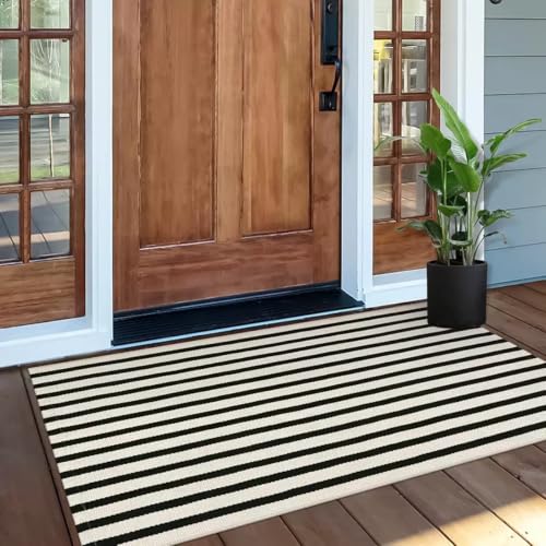 INKAROBOX Tapis de couloir en coton tissé à rayures noir et blanc, de style rustique, lavable, pour couloir, salle de bain, cuisine, porche, (noir et blanc, 70 x 110 cm)