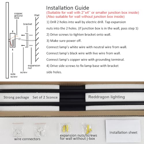 Only Suitable for Small Junction Box Set of 2 Minimalist Long Tube Linear LED Wall Sconce Hardwired 48 Inch Vanity Wall Light for Living Room Corridor Bathroom Bedroom (2 Pack, 48'', Black, Dimmable) by Reddragon lighting - Used condition - Image 6