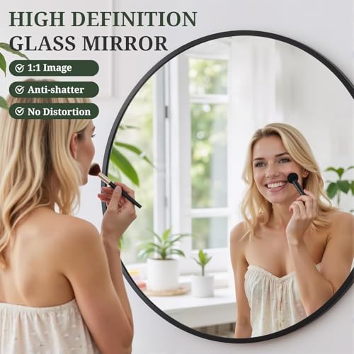 Image of Simple Deluxe 28 Inch Round Bathroom Mirror, Black Vanity Mirror with Metal Frame, Modern Circle for Bathroom, Entryway, Bedroom, Living Room, Wall Mounted Decorative Mirrors (Black)
