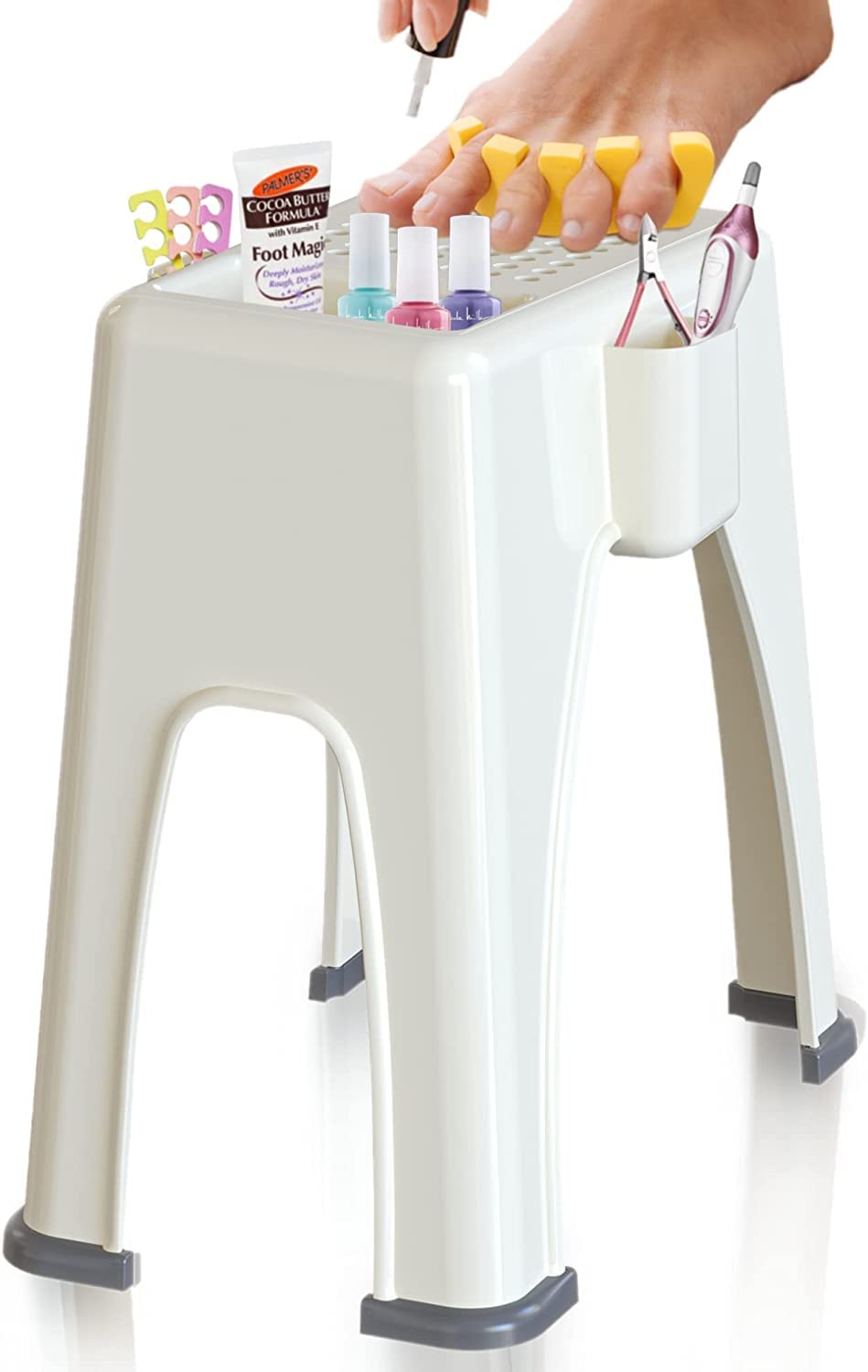Skywin Extra Tall Shower Foot Rest with 3 Pockets to Hold Shaving Essentials 10 x 7.8 x 13 Inches - Extra Heighted Plastic Pedicure Foot Rest - Shower Stool for Shaving Legs (Beige)