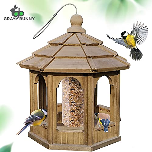 Gray Bunny Gazebo Bird Feeder - 18” X 16” Extra Large Capacity Solid Wood Premium Wild Bird Feeder For 360 Degree Outdoor Hanging Large Capacity Easy To Clean Hexagon Shape With Roof #TOP5