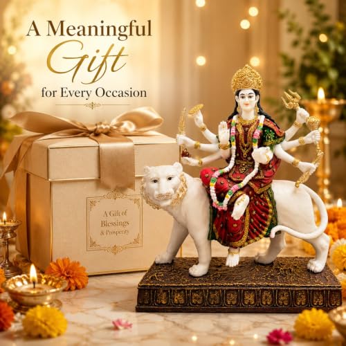 Image of ARMONIA Sherawali Devi Murti for Navratri Decor & Worship | Maa Durga Idol Sitting | Mata Murti for Home Decor, Mandir | Vaishno Devi Durga Mata Statue | Marble Dust Goddess Idol for Gift (11.81 Inch)