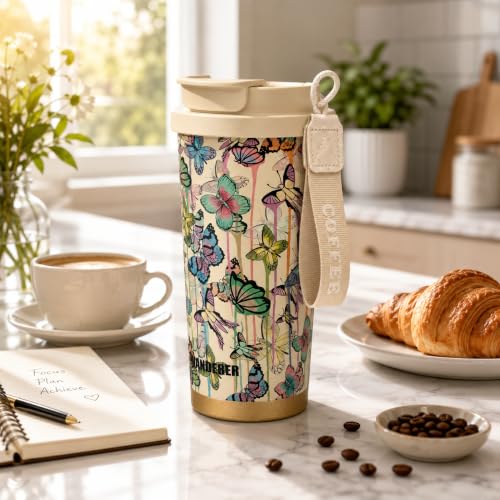 Image of Vasukie Stainless Steel Coffee Tumbler with Carrying Strap, Aesthetic Cream Butterfly & Floral Travel Mug, Leakproof Water Bottle for Women & Girls (500ML)