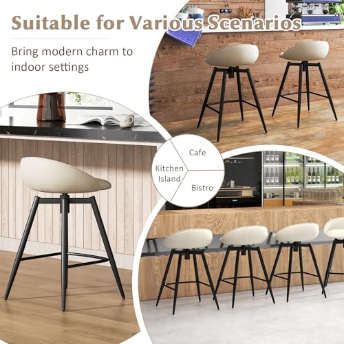 COSTWAY Set de 2 Butacos Tapizados para Barra con Altura de 25", Giratorios 360° con Respaldo y Reposa pies, Estructura Metálica Robusta, Sillas de Desayuno sin Brazos Beige miniatura 4