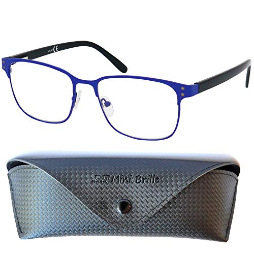 Vintage Gaming Brille ohne Sehstärke mit großen Gläsern, GRATIS Brillenetui, Metall Rahmen und Kunststoff Brillenbügel (Blau), Blaulichtfilter Gamer