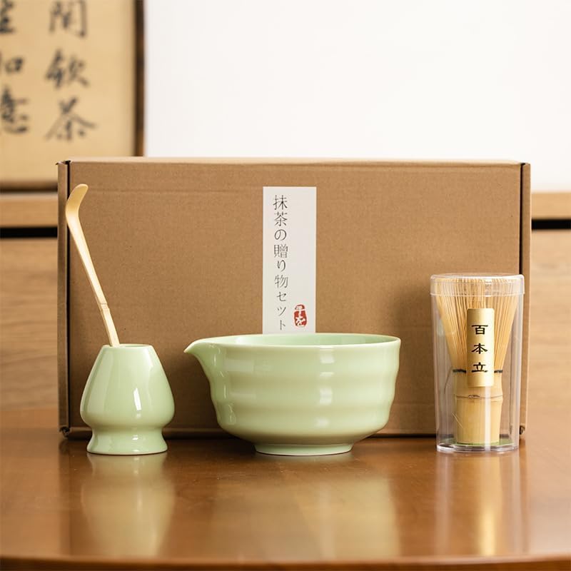 Matcha Set -Japanese Matcha Tea Set Include Match Bowl with Spout,Bamboo Matcha Whisk, Matcha Scoop | Matcha Whisk Stand (Chasen Holder) - 4pc Perfect Matcha Kit for Matcha Tea Ceremony (Green)