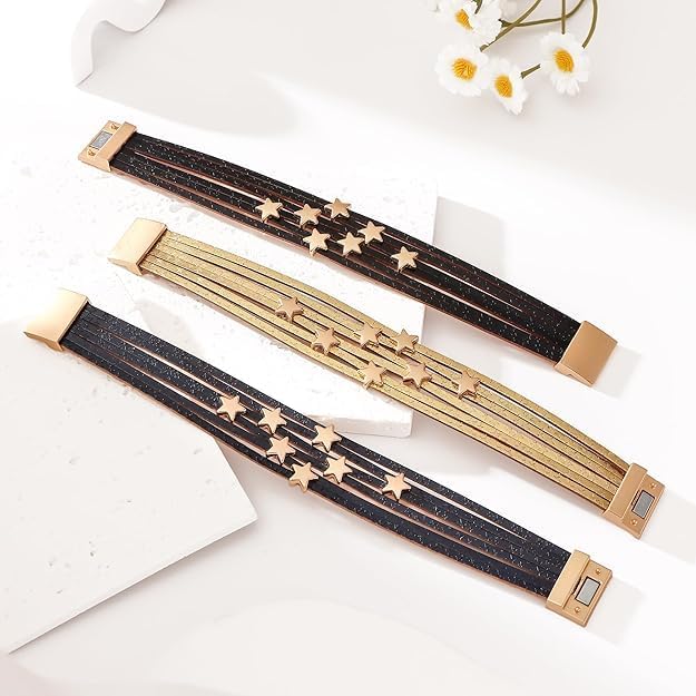 Women's PU Leather Multi-layer Buckle Wide Wristband Bracelet Female Leather Bracelet Star Accessories Bracelet - Image 5