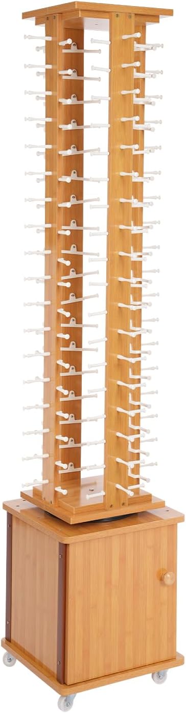 Sunglasses Retail Display Rack, 4-Sided Wood Sunglass Display Rack, 72-Pair Eyewear Holder, 360°Rotating, with Storage Cabinet & 4 Swivel Wheels for Retail Exhibition