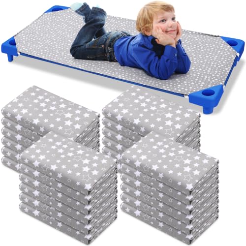 Image of Peryiter 24 Pcs Cot Sheets for Daycare, Standard Size 24 inch x 51 inch Toddler Nap Mat Sheets with Cute Pattern & Corner Elastic Loops, Breathable Fitted Cot Crib for Preschool Kid Boy Girl (Star,Gray)