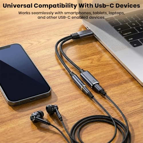 Image of AUDIOCULAR D19 USB C to USB C and 3.5mm Audio Adapter, 100W PD Fast Charging, Integrated DAC Chip, Type C Headphone Jack Converter with Mic Support for Smartphones Tablets and Laptops (Grey)