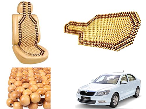 Image of Car Bead Seat Wooden Beads Cushion Cover Pad for Skoda Laura, Acupressure Sitting Seat Cover | Cream Color - Pack of 1